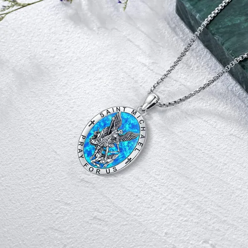 Vista 5 de Odinstone Collar de plata de ley 925 con medalla de San MiguelSan CristóbalSan BenitoCrucifijo de JesúsSan UrielArcángel Rafael para hombres