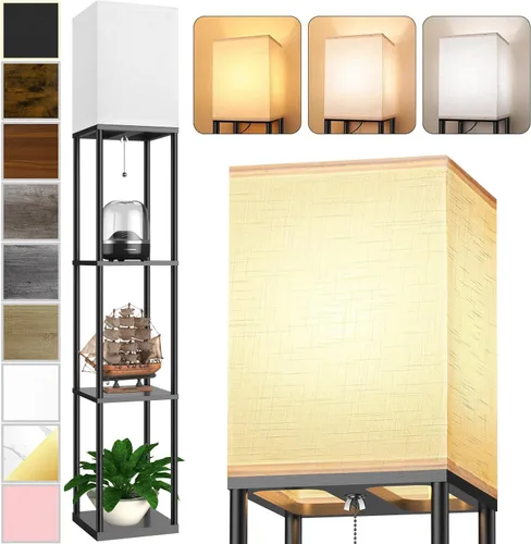 Vista 12 de Lámpara de pie con estantes para sala de estar color marrón nogal, lámpara de pie con estante con bombilla LED de 3 CCT, lámpara de columna de pie