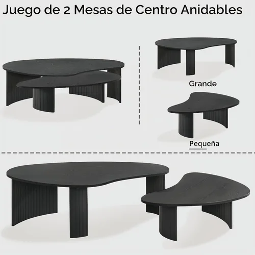 Vista 8 de Hyfirm Juego de mesa de centro anidable irregular negra con patas de madera estriada