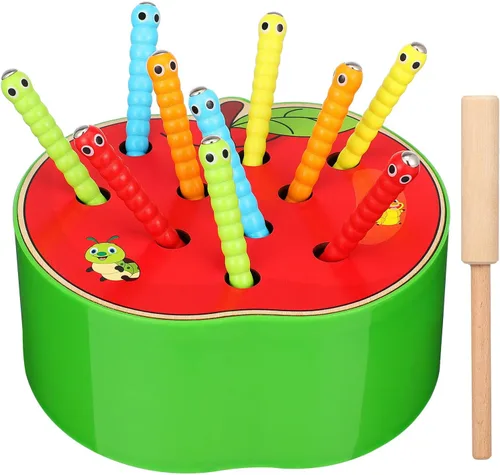 Vista 9 de STOBOK Juguete magnético de manzana, juguete Montessori de madera para habilidades motoras finas, divertido juego de captura de insectos para niños