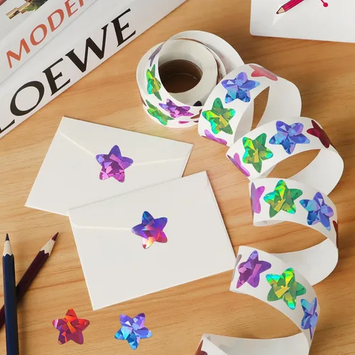 Vista 4 de 500 calcomanías de estrellas multicolor para recompensas infantiles, calcomanías holográficas de estrellas de 1 pulgada para bricolaje