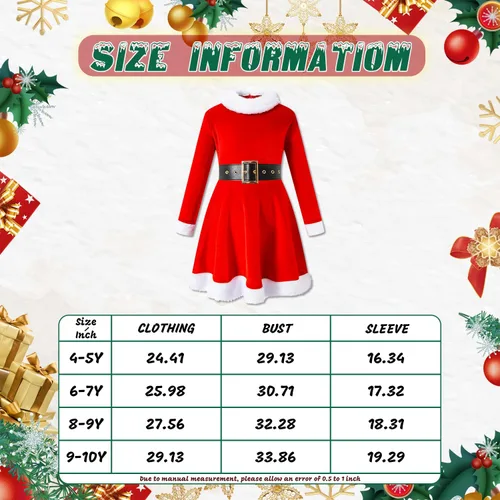 Vista 7 de DANBAIEGG Traje de Navidad para niñas, vestido de Papá Noel, disfraz de Navidad con sombrero y cinturón