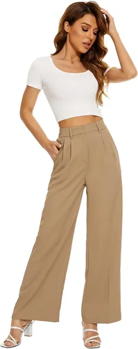 Vista 6 de FUNYYZO Pantalones de pierna ancha para mujer, cintura alta elástica en la espalda, pantalones de trabajo de negocios, pantalones largos y rectos