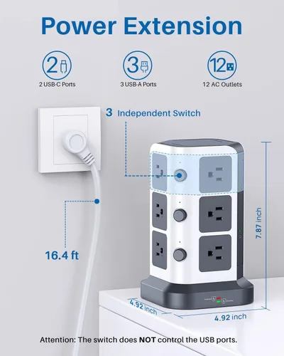 Vista 2 de KOOSLA - Tira de alimentación de torre con 2 USB C, protector de sobretensiones de 1500J con 12 tomas y 5 USB (1875W/15A), cable de extensión de 5