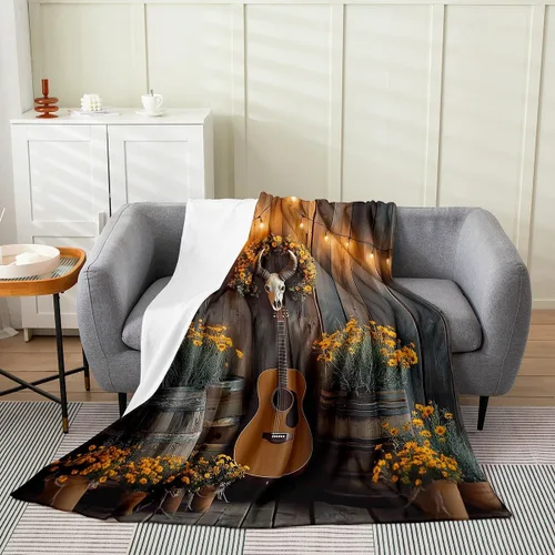 Vista 24 de Castle Fairy Manta de forro polar con botas de vaquero, manta de guitarra musical bohemia para niños y niños, manta de vaquera rústica occidental