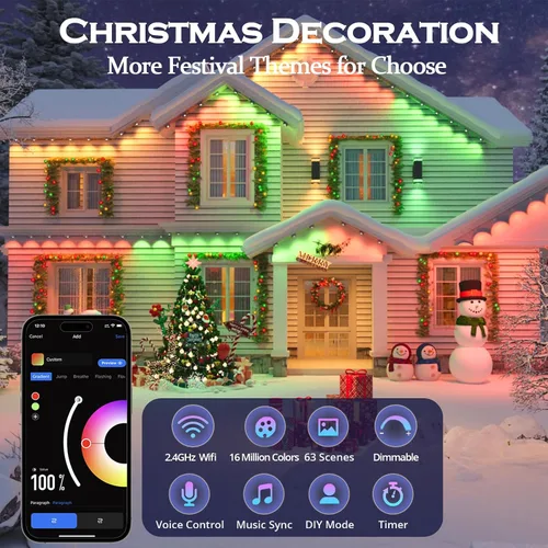 Vista 2 de wowlite Luces exteriores permanentes de 50 pies, luces inteligentes RGBIC para aleros con 36 LEDs, impermeables IP67, más de 110 modos de escena