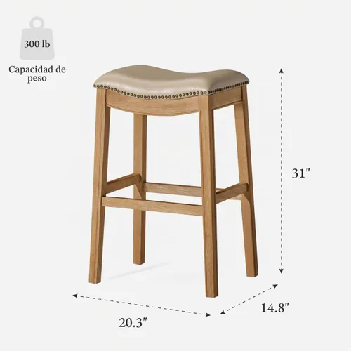 Vista 3 de Maven Lane Adrien Taburete de bar sin respaldo – Asiento de sillín de 31 pulgadas con reposapiés – Estructura de madera maciza color marrón