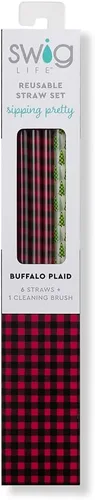 Vista 3 de Swig Life Popotes Reutilizables Estampados Buffalo Plaid + Árboles Juego de popotes reutilizables + cepillo de limpieza, cada popote mide 10.25