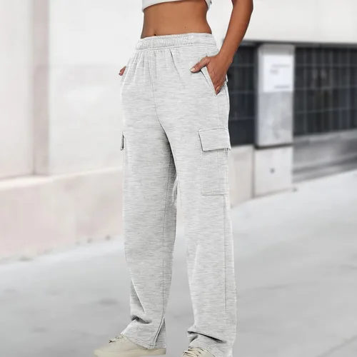 Vista 2 de BBIQI Pantalones deportivos tipo cargo para mujer, pierna ancha, holgados, pierna recta, cintura alta, pantalones deportivos casuales con bolsillos