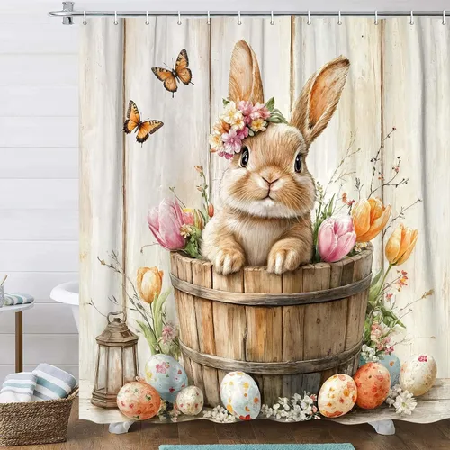 Vista 8 de Wathon Bonita cortina de ducha de conejo de Pascua, juego de decoración de baño con mariposa floral, tela de tela, juego de decoración de baño