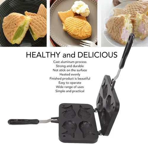 Vista 4 de Taiyaki - Molde para tartas con forma de pez, aleación de aluminio, antiadherente, doble molde para hornear, waffle, para el hogar, bricolaje