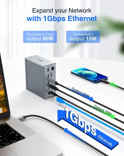 Vista 7 de Base Thunderbolt 3, estación de acoplamiento TOTU 18 en 1 Thunderbolt 3 USB C con 8K DP, 1 Gbps Ethernet, USB-A 10Gbps, USB-C 3.2, SD/TF, audio
