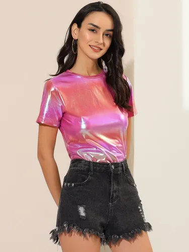 Vista 2 de Allegra K Top multicolor brillante de manga corta con textura metálica para mujer