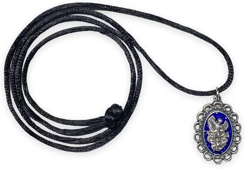 Vista 2 de San Miguel Esmalte Azul Tono Plata Medalla Colgante Negro Cadena Collar San Miguel Religioso Regalo Collar, Metal, No es una piedra preciosa