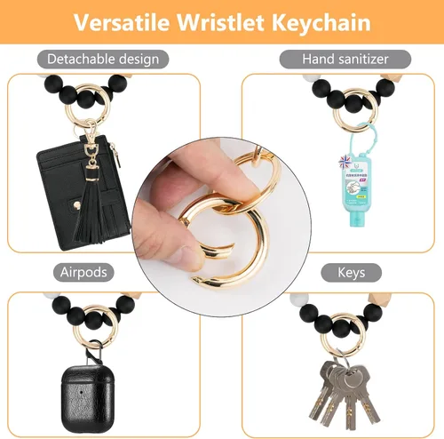 Vista 5 de Cartera llavero pulsera para mujer, delgado RFID tarjeta de crédito, monedero, borla llavero brazalete para hombres y mujeres, negro, (Rfid-black)