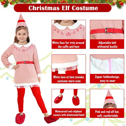 Vista 2 de Disfraz de elfo para niñas, disfraz de elfo de Navidad rosa, para fiestas de Navidad y cosplay