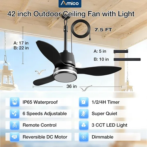 Vista 2 de Amico Ventiladores de techo para exteriores de 36 pulgadas con luces para patios, ventilador de glorieta impermeable IP65, control remoto, 3CCT, 6