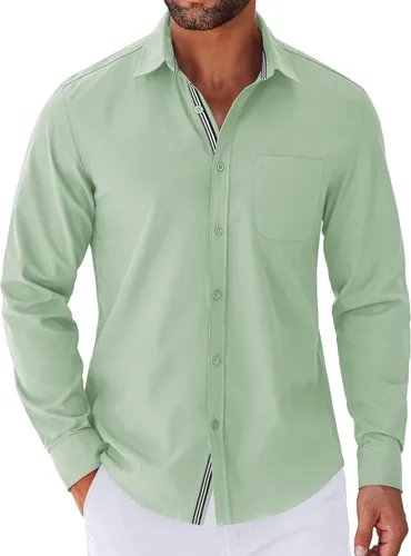 Vista 13 de COOFANDY Camisa para hombre de manga larga casual con botones, camisas sin doblar para hombre de ajuste regular