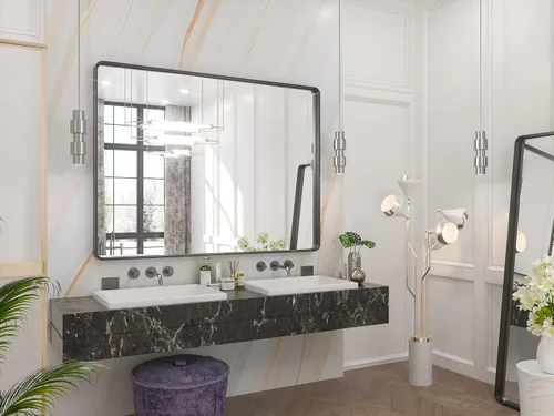 Vista 60 de TETOTE Espejo de marco dorado cepillado de 16 x 24 pulgadas, espejo de tocador de baño de latón dorado para pared, espejo enmarcado rectangular