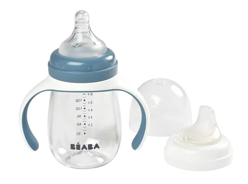 Vista 6 de BEABA - Vaso de transición 2 en 1 para beber, antiderrames, incluye asas extraíbles, pezón de silicona para biberón y boquilla suave, 7 onzas