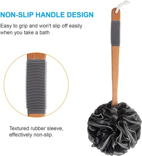 Vista 3 de AmazerBath Esponja de Ducha Loofah Exfoliante para la Espalda, Exfoliante Corporal de Malla Suave de PE con Mango Largo de Madera, Esponja de Baño