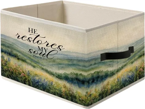 Vista 17 de Caja de Almacenamiento Floral Rústica Azul y Blanca con Asas, Canasta Organizadora Plegable Botánica de Flores Grandmillennial Caja de Juguetes