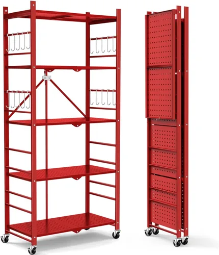 Vista 15 de Himix Estantes de almacenamiento con 6 ganchos, estante plegable de 3 niveles con ruedas, estantería de almacenamiento de metal, carrito rodante