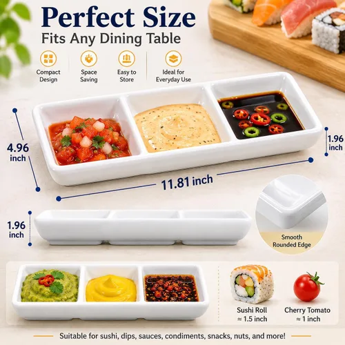 Vista 4 de Healeved Juego de 2 bandejas de cerámica para servir aperitivos, 3 compartimentos, platos divididos rectangulares para salsa de soja, condimentos