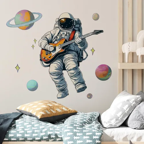 Vista 3 de Minstrel Astronauta tocando guitarra calcomanía de pared Space Wall Sticker Arte de pared extraíble con música para guardería, habitación de bebé