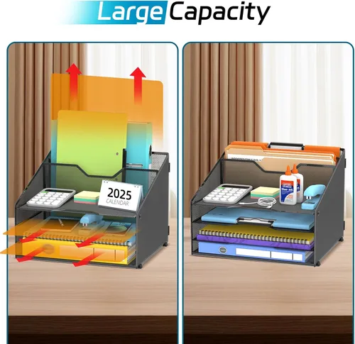 Vista 5 de Organizador de archivos de escritorio, organizador de papel con 4 bandejas de letras y 2 secciones verticales verticales, organizadores de Negro