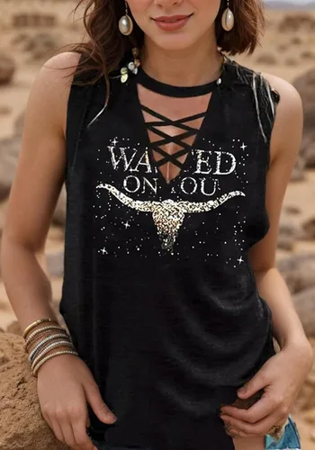 Vista 3 de Wasted On You Steer Skull - Camiseta sin mangas para mujer, diseño de vaquero occidental, camiseta de Rodeo, camiseta de música country