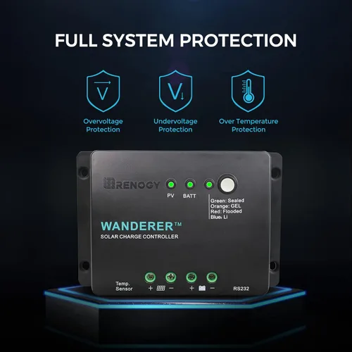 Vista 5 de Renogy - Kit básico de panel solar de 100W 12V, panel solar monocristalino de 100 vatios, controlador de carga PWM LCD de 30A, kit de adaptadores