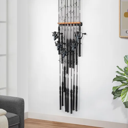 Vista 9 de KastKing V15HD Soporte vertical para caña de pescar resistente – Soporte para caña de pescar montado en la pared, almacena 15 cañas grandes o combos