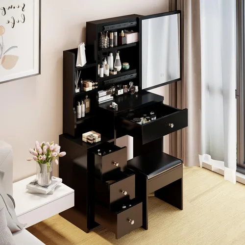Vista 9 de BNSPLY Escritorio pequeño de tocador de 29.2 pulgadas de ancho con espejo deslizante, juego de tocador de maquillaje negro con 4 cajones y 5