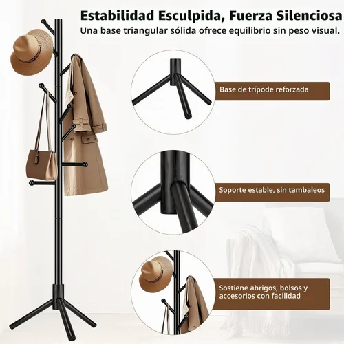 Vista 3 de Perchero de madera independiente, altura ajustable, soporte de madera maciza con 8 ganchos de extremo de bola, base de trípode estable, árbol