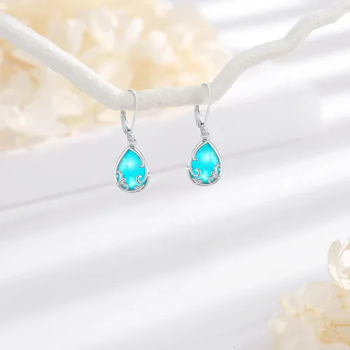 Vista 263 de Aretes colgantes de plata de ley con diseño de árbol de la vida, flor, abeja, animales, gato, colibrí, piedra lunar, turquesa, aretes con cierre