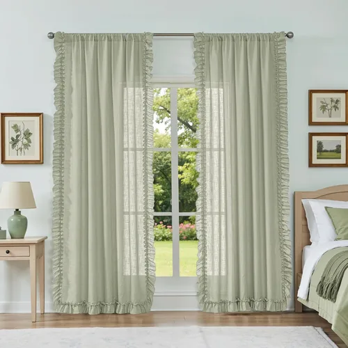 Vista 19 de TERLYTEX Cortinas de encaje de lino de 96 pulgadas de largo 2 paneles, 42 x 96 pulgadas, cortinas con volantes estilo granja para sala con bolsillo