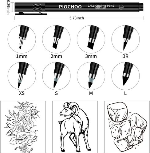 Vista 3 de Piochoo Bolígrafos de caligrafía, 8 tamaños de bolígrafos de caligrafía para escribir, juego de bolígrafos de caligrafía para principiantes