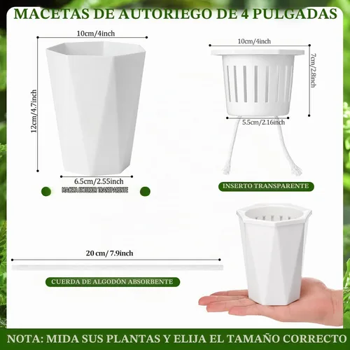 Vista 2 de 24 macetas de riego automático de 4 pulgadas para plantas de Macetas de agua de plástico blanco, maceta pequeña a granel con copa interior, mecha
