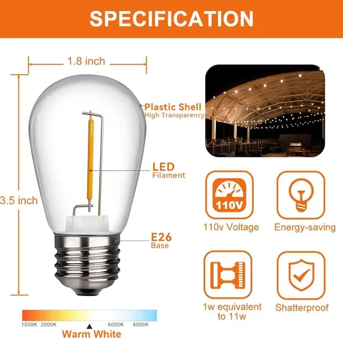 Vista 2 de TJOY Paquete de 24 bombillas LED S14 de repuesto, 1 vatio, inastillables y resistentes al agua para tiras de luces de exteriores, estilo Edison