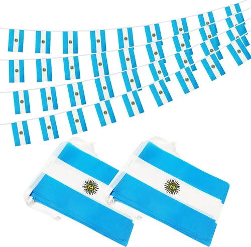 Vista 11 de Bandera argentina de 50 pies con cadena de bandera argentina, mini bandera argentina pequeña, para decoración de fiestas, tiendas y bares