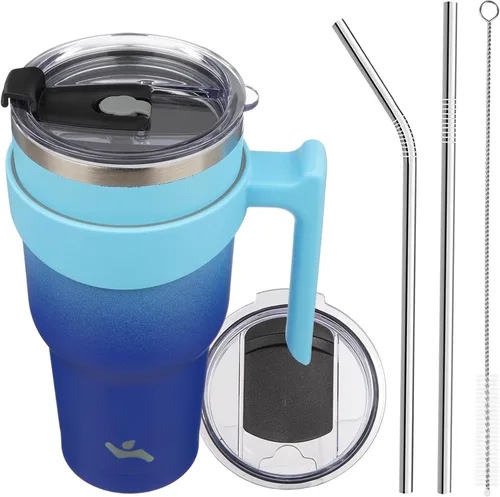 Vista 17 de Konokyo - Vaso de 10 onzas con asa y 2 popotes, 2 tapas, botella de agua aislada de acero inoxidable, taza de viaje reutilizable, color verde militar