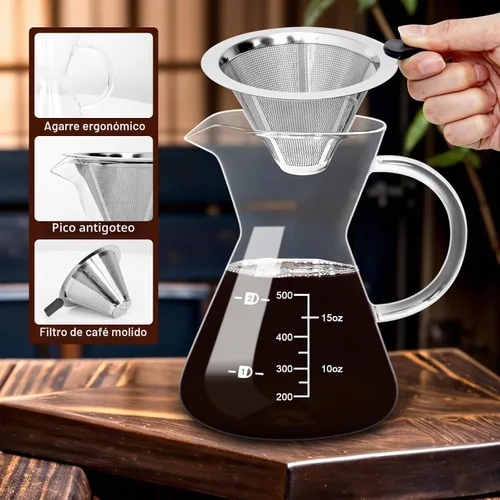 Vista 3 de Cafetera de vidrio para verter sobre vidrio de 17 onzas y filtro inoxidable
