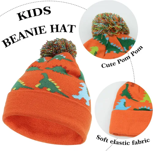 Vista 2 de Conjunto de 3 piezas de gorro de invierno para niños, bufanda y dinosaurio, pompón, gorro de punto, cálido