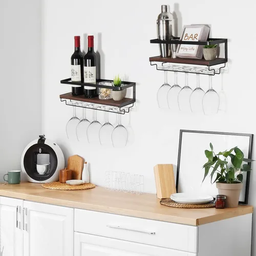 Vista 5 de B4Life Soporte para copas de vino montado en la pared, estante colgante para copas de vino para botellas de vino, estante de bar montado en la pared