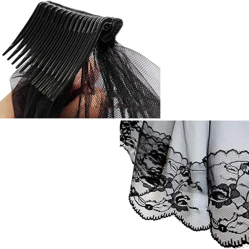 Vista 5 de TOPOQ Velo negro y guantes, velo de boda negro con peine velo funerario, disfraz de Halloween, velo para fiesta de cosplay