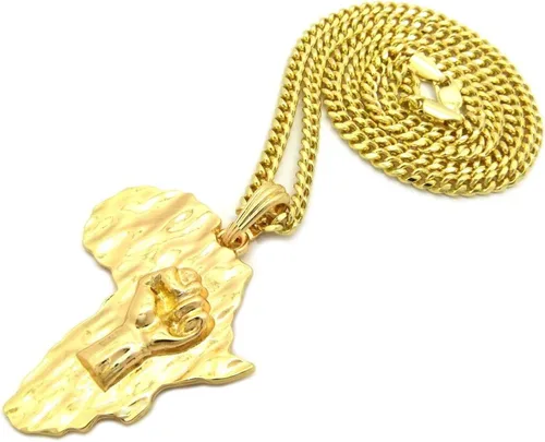 Vista 3 de Shiny Jewelers USA Men Africa MAP FIST Power ANKH Cruz PENDENTE (materia de vida) caja, cuerda, collar de cadena cubana
