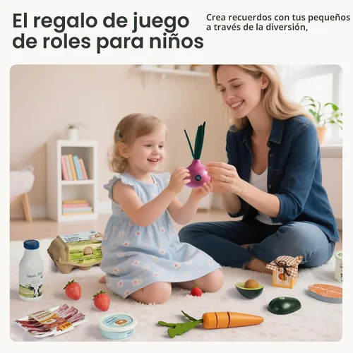 Vista 5 de Tiny Land Juego de lácteos y bebidas de madera, 7 piezas de juguete de comida de simulación con leche, jugo y queso, divertido accesorio de cocina