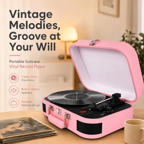 Vista 12 de Vintage Suitcase - Tocadiscos portátil Bluetooth de 3 velocidades con altavoces integrados, para discos de vinilo de 7/10/12 pulgadas (rosa)