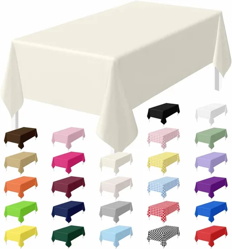 Vista 29 de HEIPINIUYE - Juego de 2 manteles desechables color beige, 54 x 108 pulgadas, de plástico, manteles impermeables rectangulares desechables